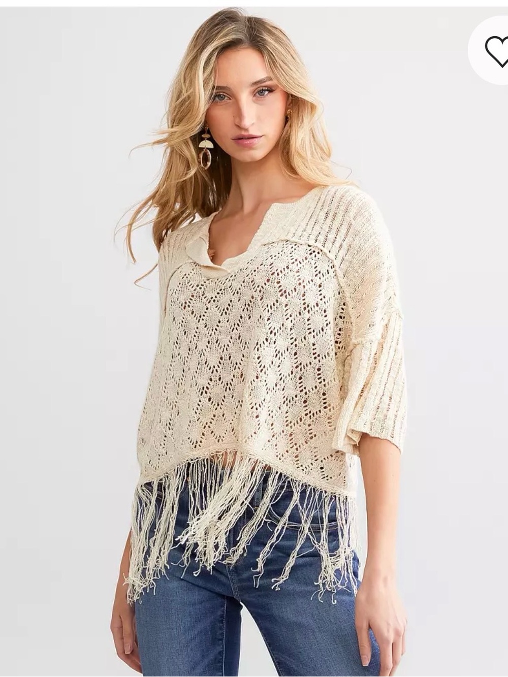Miss Me Crochet Fringe Cropped Sweater Boho Oatmeal Cream size Large